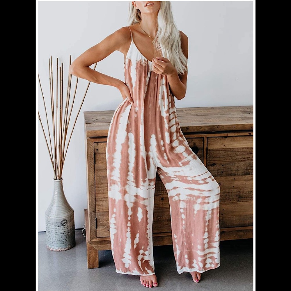 🆕 Tie Dye Baggy Spaghetti Strap Wide Leg J…